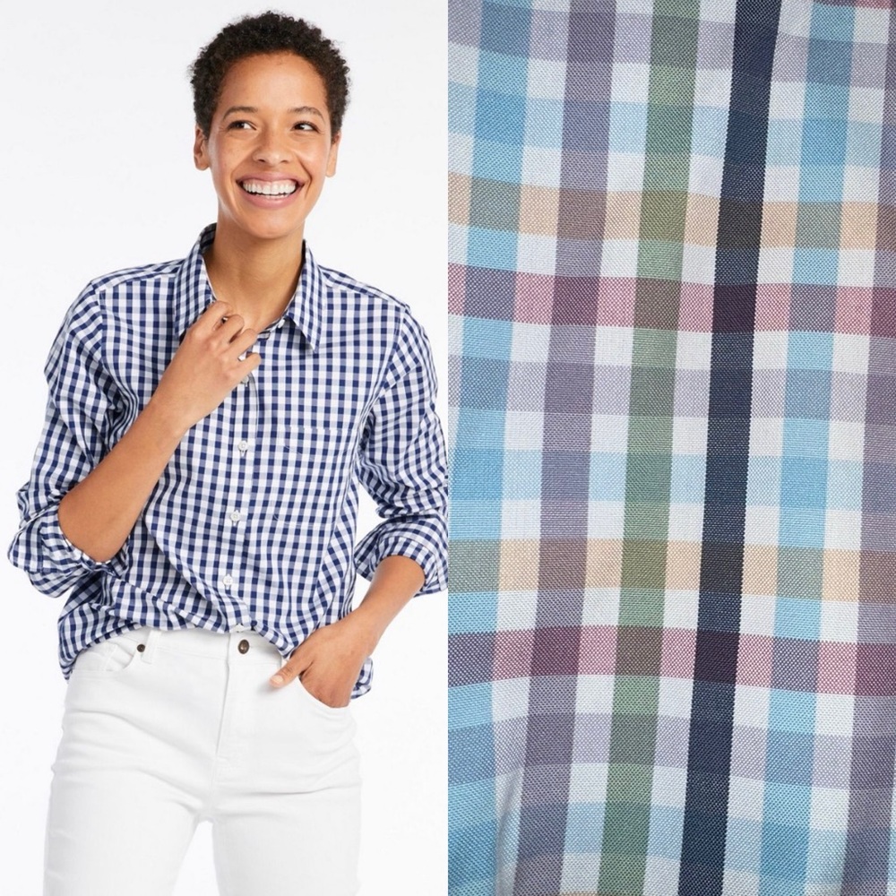 EUC No Iron! LL bean Cotton Poplin Shirt, navy and pastel plaid
